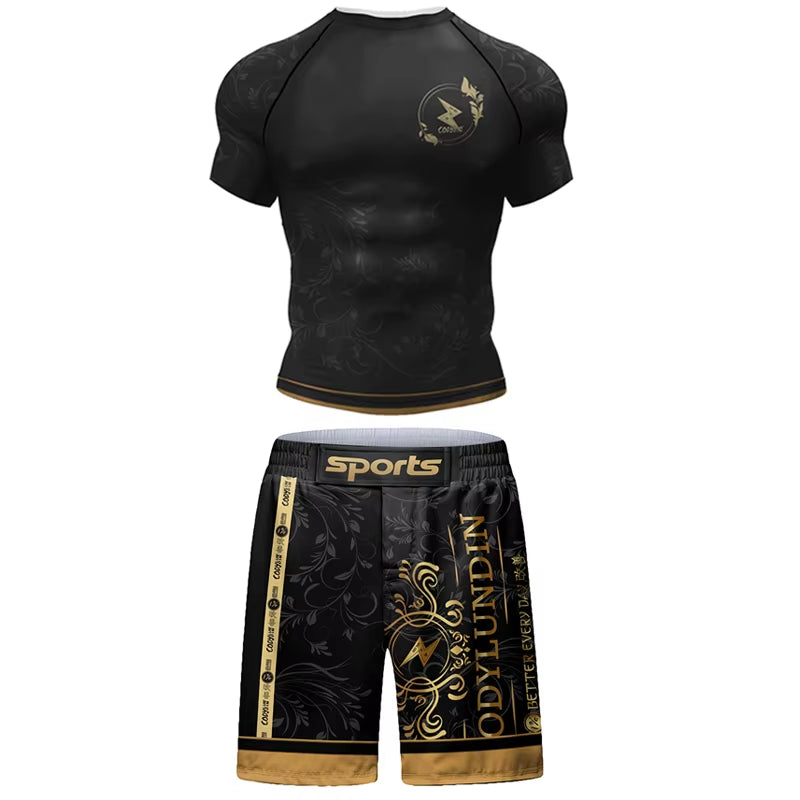 MMA Jiu Jitsu T-Shirt +Pants Set Bjj Rashguard Men Brazilian Grappling Muay Thai Shorts Clothing Gi Kickoxing Muay Thai Jerseys